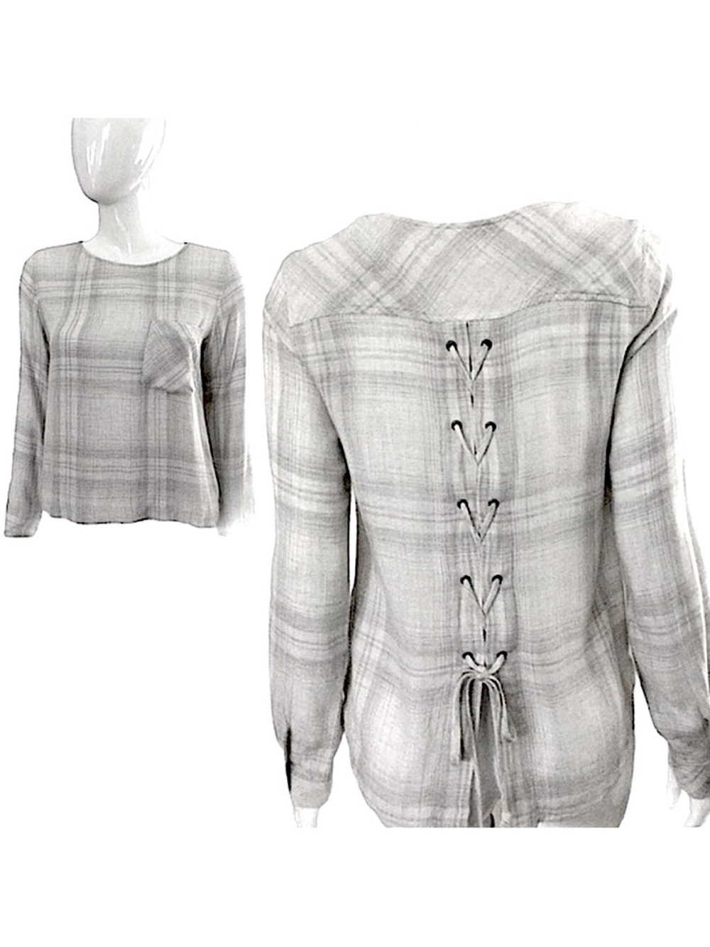Anthropologie Cloth & Stone Plaid Lace Up Back High Low Top Gray S Boho Casual